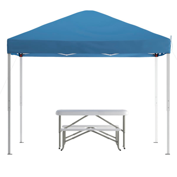 English Elm Knox Pop Up Event Canopy Tent with Carry Bag, Folding Table & Benches for Effortless Outdoor Gatherings Blue 10' x 10' JJ-GZ10103-BL-GG