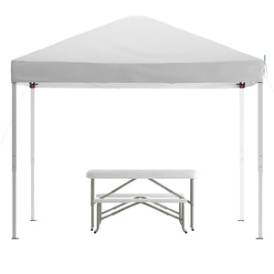 English Elm Knox Pop Up Event Canopy Tent with Carry Bag, Folding Table & Benches for Effortless Outdoor Gatherings White 10' x 10' JJ-GZ10103-WH-GG
