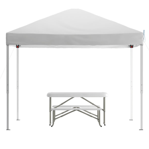 English Elm Knox Pop Up Event Canopy Tent with Carry Bag, Folding Table & Benches for Effortless Outdoor Gatherings White 10' x 10' JJ-GZ10103-WH-GG