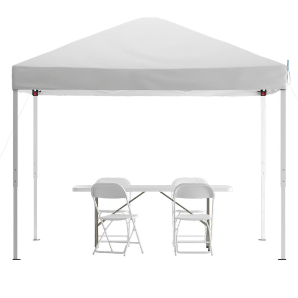 English Elm Otis Portable Tailgate/Event Set - Complete Canopy, Bi-Fold Table & 4 Folding Chairs for Outdoor Fun White 10' x 10' JJ-GZ10183Z-4LEL3-WHWH-GG