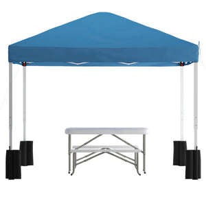 English Elm Harris Pop-Up Canopy Tent with Folding Table & Benches - Portable Outdoor Event Shelter Set Blue 10' x 10' JJ-GZ10PKG103-BL-GG