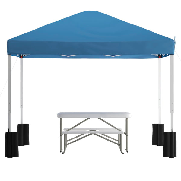 English Elm Harris Pop-Up Canopy Tent with Folding Table & Benches - Portable Outdoor Event Shelter Set Blue 10' x 10' JJ-GZ10PKG103-BL-GG