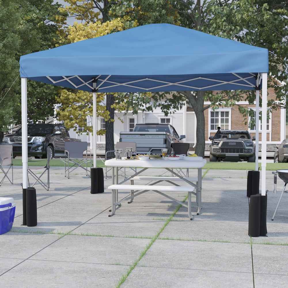 English Elm Harris Pop-Up Canopy Tent with Folding Table & Benches - Portable Outdoor Event Shelter Set Blue 10' x 10' JJ-GZ10PKG103-BL-GG