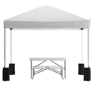 English Elm Harris Pop-Up Canopy Tent with Folding Table & Benches - Portable Outdoor Event Shelter Set White 10' x 10' JJ-GZ10PKG103-WH-GG