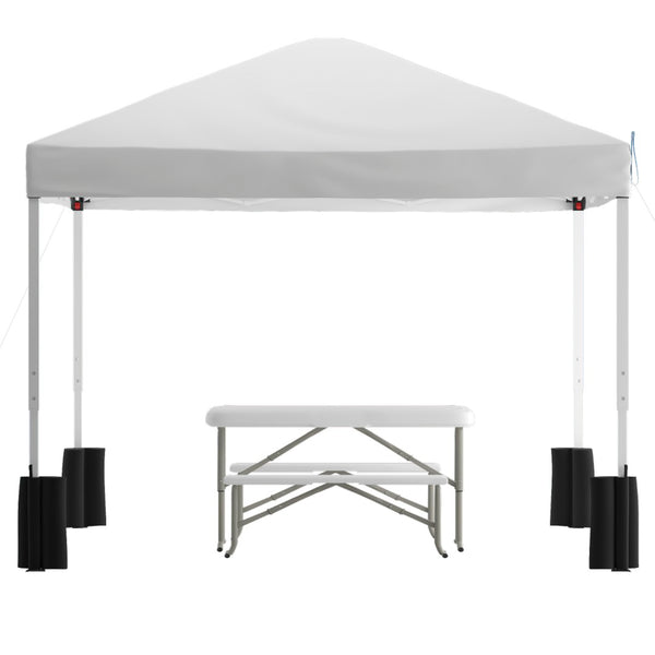 English Elm Harris Pop-Up Canopy Tent with Folding Table & Benches - Portable Outdoor Event Shelter Set White 10' x 10' JJ-GZ10PKG103-WH-GG