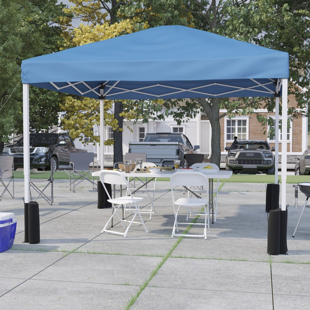 English Elm Otis Portable Tailgate/Event Tent Set - Complete Outdoor Event Kit with Canopy, Table & Chairs Blue 10' x 10' JJ-GZ10PKG183Z-4LEL3-BLWH-GG