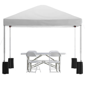 English Elm Otis Portable Tailgate/Event Tent Set - Complete Outdoor Event Kit with Canopy, Table & Chairs White 10' x 10' JJ-GZ10PKG183Z-4LEL3-WHWH-GG