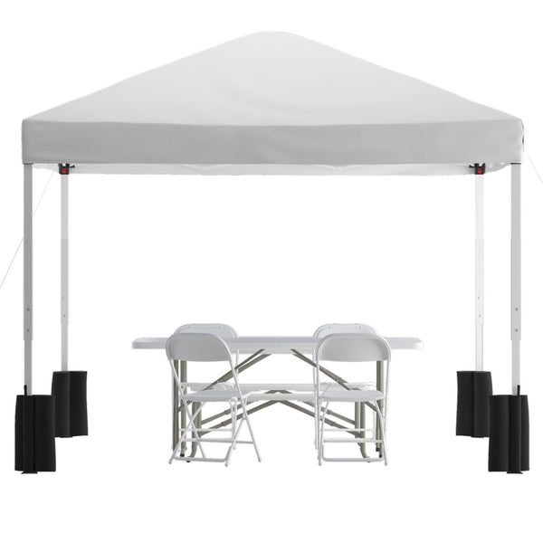English Elm Otis Portable Tailgate/Event Tent Set - Complete Outdoor Event Kit with Canopy, Table & Chairs White 10' x 10' JJ-GZ10PKG183Z-4LEL3-WHWH-GG
