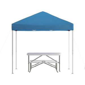 English Elm Kramer Pop Up Event Canopy Tent Set with Carry Bag, Folding Table & Benches for Outdoor Fun Blue 8' x 8' JJ-GZ88103-BL-GG