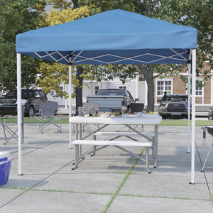 English Elm Kramer Pop Up Event Canopy Tent Set with Carry Bag, Folding Table & Benches for Outdoor Fun Blue 8' x 8' JJ-GZ88103-BL-GG