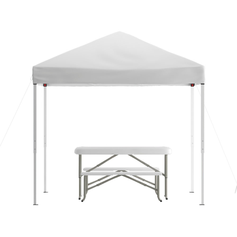 English Elm Kramer Pop Up Event Canopy Tent Set with Carry Bag, Folding Table & Benches for Outdoor Fun White 8' x 8' JJ-GZ88103-WH-GG