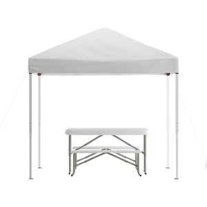 English Elm Kramer Pop Up Event Canopy Tent Set with Carry Bag, Folding Table & Benches for Outdoor Fun White 8' x 8' JJ-GZ88103-WH-GG