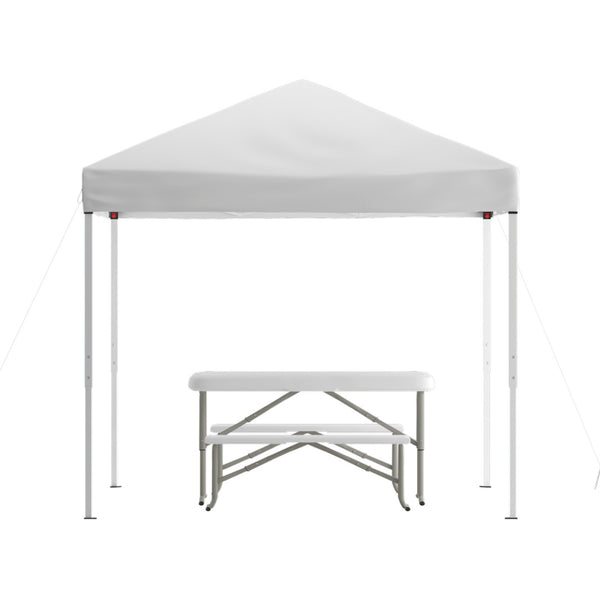 English Elm Kramer Pop Up Event Canopy Tent Set with Carry Bag, Folding Table & Benches for Outdoor Fun White 8' x 8' JJ-GZ88103-WH-GG