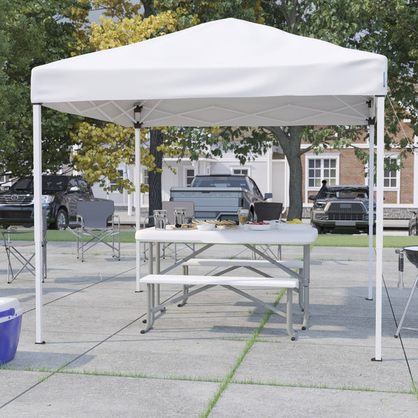 English Elm Kramer Pop Up Event Canopy Tent Set with Carry Bag, Folding Table & Benches for Outdoor Fun White 8' x 8' JJ-GZ88103-WH-GG