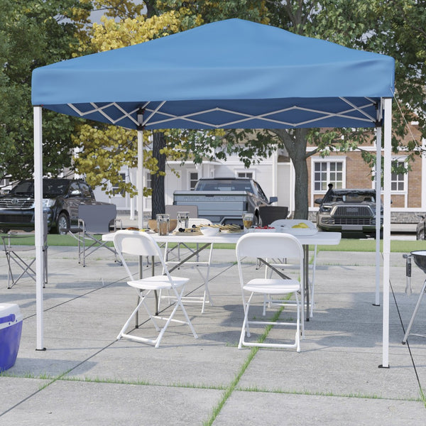 English Elm Otis Portable Tailgate/Event Tent Set - All-in-One Canopy, Bi-Fold Table & Comfortable Folding Chairs Blue 8' x 8' JJ-GZ88183Z-4LEL3-BLWH-GG