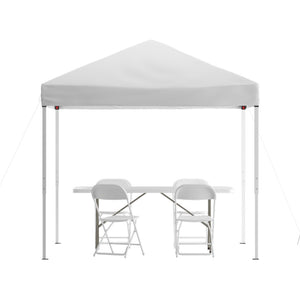 English Elm Otis Portable Tailgate/Event Tent Set - All-in-One Canopy, Bi-Fold Table & Comfortable Folding Chairs White 8' x 8' JJ-GZ88183Z-4LEL3-WHWH-GG