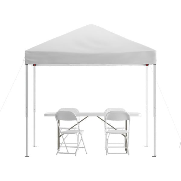 English Elm Otis Portable Tailgate/Event Tent Set - All-in-One Canopy, Bi-Fold Table & Comfortable Folding Chairs White 8' x 8' JJ-GZ88183Z-4LEL3-WHWH-GG
