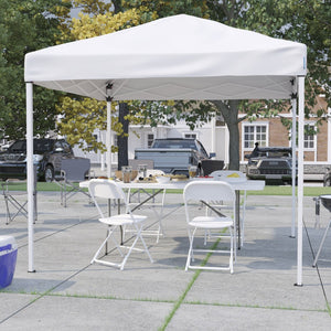 English Elm Otis Portable Tailgate/Event Tent Set - All-in-One Canopy, Bi-Fold Table & Comfortable Folding Chairs White 8' x 8' JJ-GZ88183Z-4LEL3-WHWH-GG