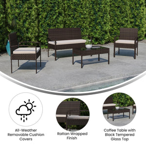 English Elm Aransas 4-Piece Patio Set with Durable Steel Frame and Stylish Weather-Resistant Cushions for Comfort Beige Cushions/Brown Frame JJ-S312-BNBG-GG