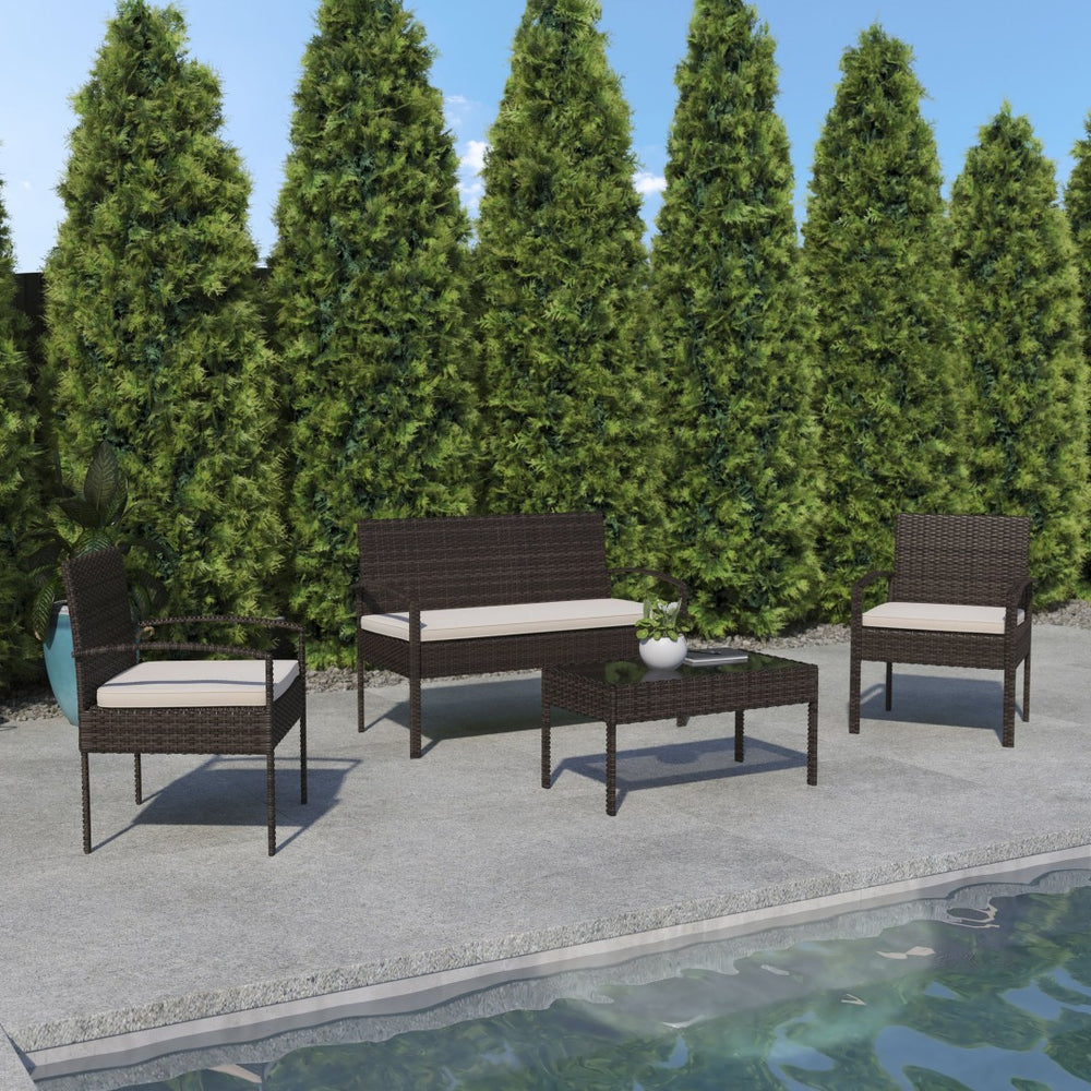 English Elm Aransas 4-Piece Patio Set with Durable Steel Frame and Stylish Weather-Resistant Cushions for Comfort Beige Cushions/Brown Frame JJ-S312-BNBG-GG