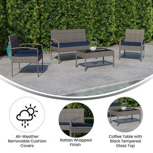 English Elm Aransas 4-Piece Patio Set with Durable Steel Frame and Stylish Weather-Resistant Cushions for Comfort Navy Cushions/Light Gray Frame JJ-S312-GYNV-GG