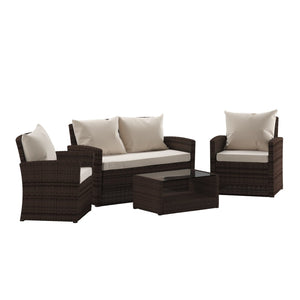 English Elm Aransas 4-Piece Outdoor Patio Set with Stylish Coffee Table and Weather-Resistant Cushions for Comfort Beige Cushions/Brown Frame JJ-S351-BNBG-GG