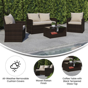 English Elm Aransas 4-Piece Outdoor Patio Set with Stylish Coffee Table and Weather-Resistant Cushions for Comfort Beige Cushions/Brown Frame JJ-S351-BNBG-GG