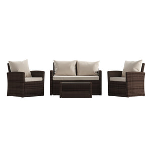 English Elm Aransas 4-Piece Outdoor Patio Set with Stylish Coffee Table and Weather-Resistant Cushions for Comfort Beige Cushions/Brown Frame JJ-S351-BNBG-GG