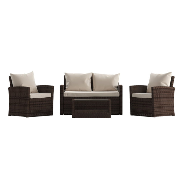 English Elm Aransas 4-Piece Outdoor Patio Set with Stylish Coffee Table and Weather-Resistant Cushions for Comfort Beige Cushions/Brown Frame JJ-S351-BNBG-GG