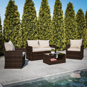 English Elm Aransas 4-Piece Outdoor Patio Set with Stylish Coffee Table and Weather-Resistant Cushions for Comfort Beige Cushions/Brown Frame JJ-S351-BNBG-GG