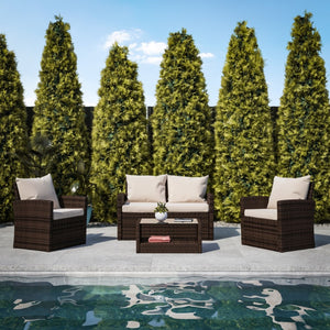 English Elm Aransas 4-Piece Outdoor Patio Set with Stylish Coffee Table and Weather-Resistant Cushions for Comfort Beige Cushions/Brown Frame JJ-S351-BNBG-GG