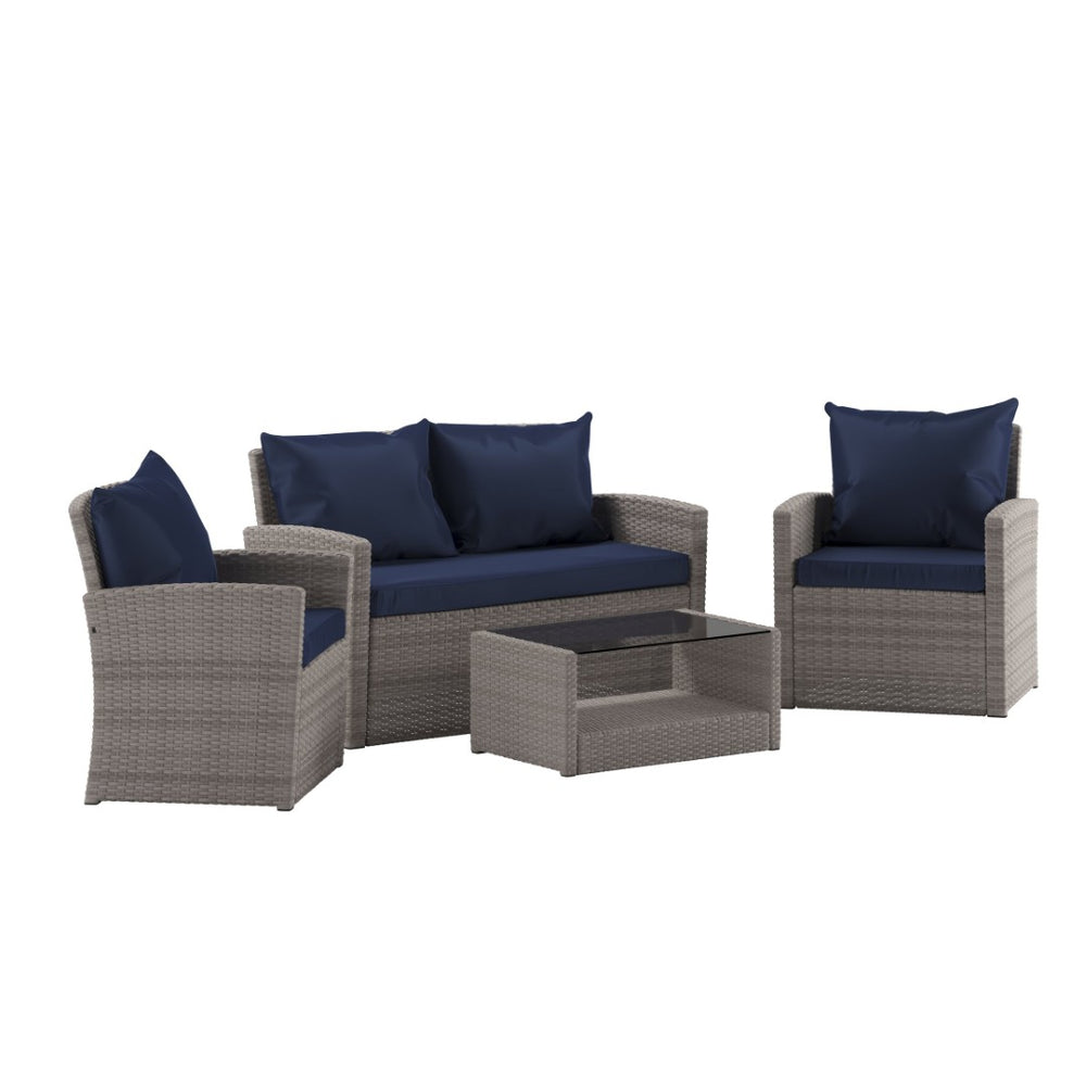 English Elm Aransas 4-Piece Outdoor Patio Set with Stylish Coffee Table and Weather-Resistant Cushions for Comfort Navy Cushions/Light Gray Frame JJ-S351-GYNV-GG