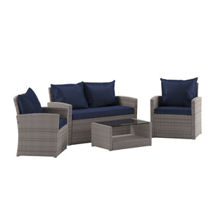 English Elm Aransas 4-Piece Outdoor Patio Set with Stylish Coffee Table and Weather-Resistant Cushions for Comfort Navy Cushions/Light Gray Frame JJ-S351-GYNV-GG