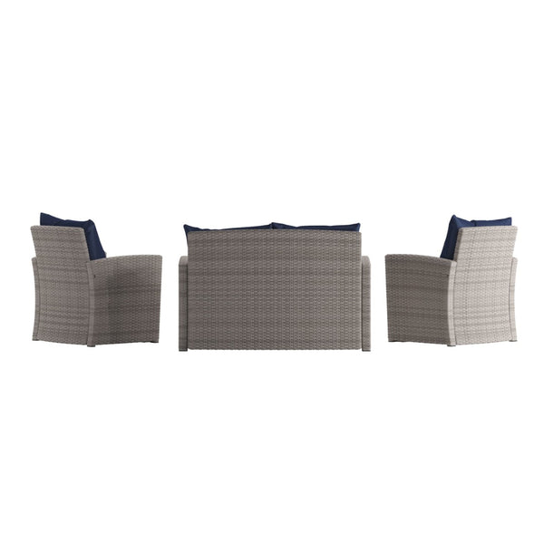 English Elm Aransas 4-Piece Outdoor Patio Set with Stylish Coffee Table and Weather-Resistant Cushions for Comfort Navy Cushions/Light Gray Frame JJ-S351-GYNV-GG