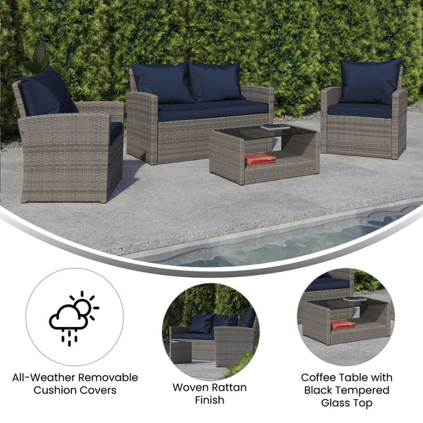 English Elm Aransas 4-Piece Outdoor Patio Set with Stylish Coffee Table and Weather-Resistant Cushions for Comfort Navy Cushions/Light Gray Frame JJ-S351-GYNV-GG