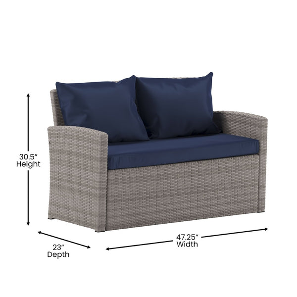 English Elm Aransas 4-Piece Outdoor Patio Set with Stylish Coffee Table and Weather-Resistant Cushions for Comfort Navy Cushions/Light Gray Frame JJ-S351-GYNV-GG