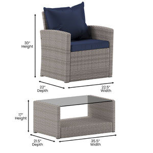 English Elm Aransas 4-Piece Outdoor Patio Set with Stylish Coffee Table and Weather-Resistant Cushions for Comfort Navy Cushions/Light Gray Frame JJ-S351-GYNV-GG