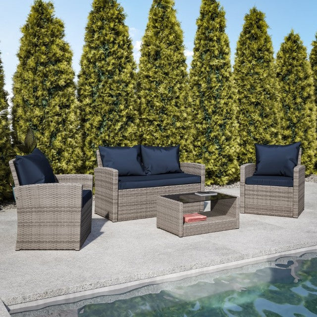 English Elm Aransas 4-Piece Outdoor Patio Set with Stylish Coffee Table and Weather-Resistant Cushions for Comfort Navy Cushions/Light Gray Frame JJ-S351-GYNV-GG
