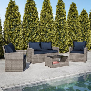 English Elm Aransas 4-Piece Outdoor Patio Set with Stylish Coffee Table and Weather-Resistant Cushions for Comfort Navy Cushions/Light Gray Frame JJ-S351-GYNV-GG