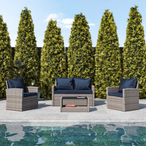English Elm Aransas 4-Piece Outdoor Patio Set with Stylish Coffee Table and Weather-Resistant Cushions for Comfort Navy Cushions/Light Gray Frame JJ-S351-GYNV-GG