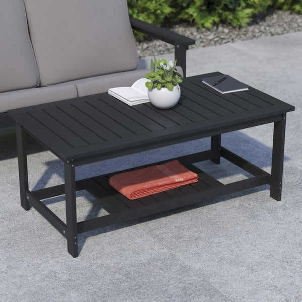 English Elm Charlestown All-Weather Commercial-Grade Two-Tier Adirondack Coffee Table for Outdoor Living Spaces Black JJ-T14022-BK-GG
