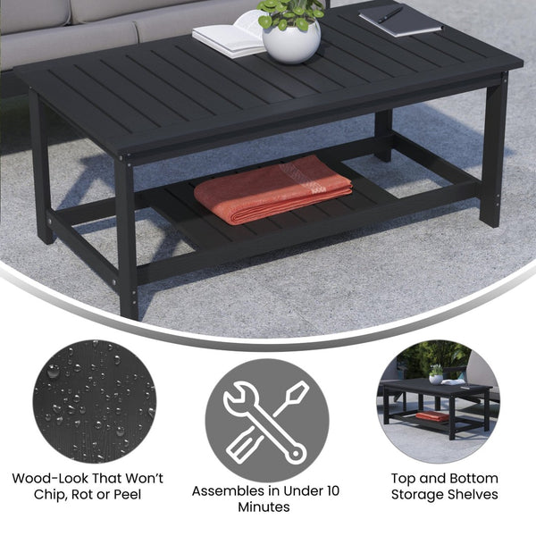 English Elm Charlestown All-Weather Commercial-Grade Two-Tier Adirondack Coffee Table for Outdoor Living Spaces Black JJ-T14022-BK-GG