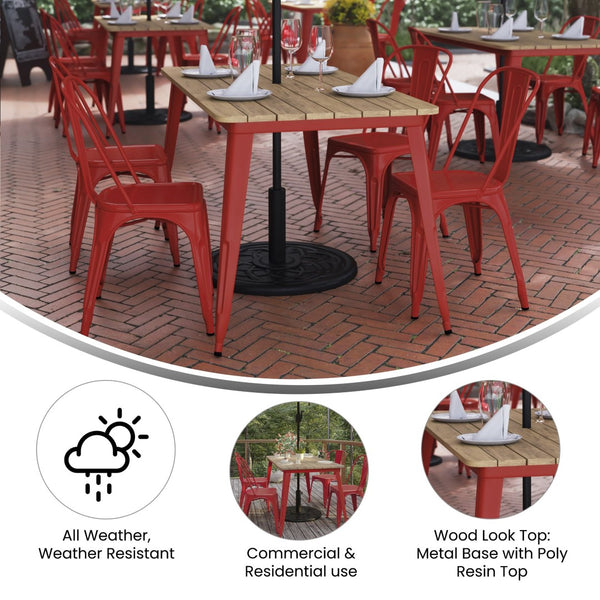 English Elm Declan Commercial Indoor/Outdoor Dining Table with Umbrella Hole - Durable, Stylish, Easy Care Design Brown Top/Red Frame 30" x 60" JJ-T146120-BRRD-GG