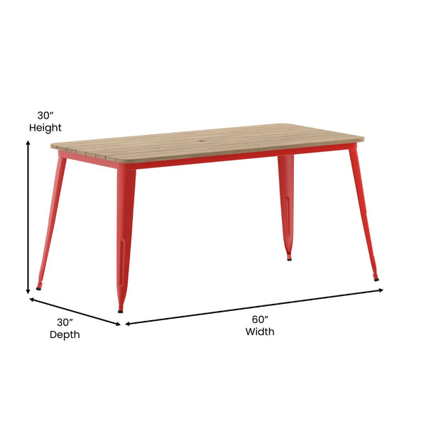 English Elm Declan Commercial Indoor/Outdoor Dining Table with Umbrella Hole - Durable, Stylish, Easy Care Design Brown Top/Red Frame 30" x 60" JJ-T146120-BRRD-GG
