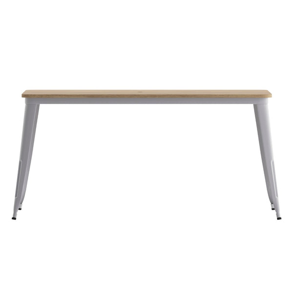 English Elm Declan Commercial Indoor/Outdoor Dining Table with Umbrella Hole - Durable, Stylish, Easy Care Design Brown Top/Silver Frame 30" x 60" JJ-T146120-BRSL-GG