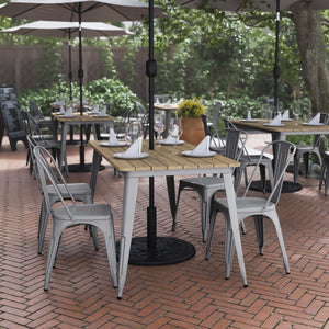 English Elm Declan Commercial Indoor/Outdoor Dining Table with Umbrella Hole - Durable, Stylish, Easy Care Design Brown Top/Silver Frame 30" x 60" JJ-T146120-BRSL-GG