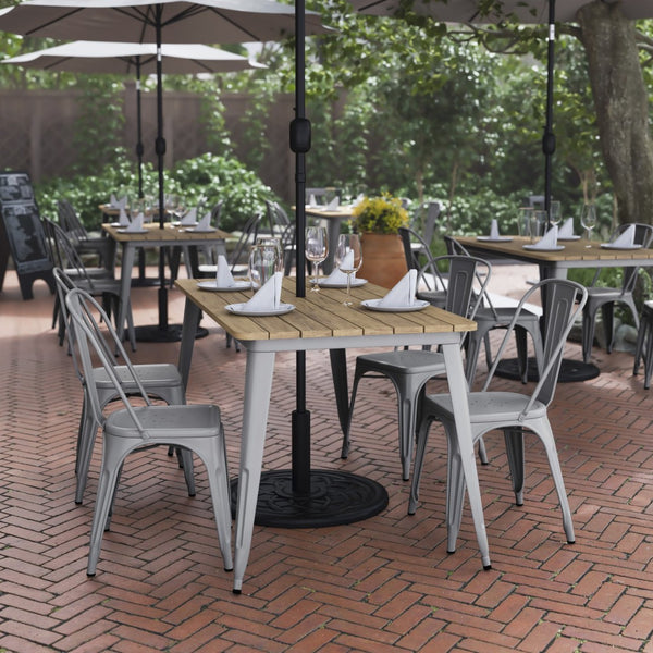 English Elm Declan Commercial Indoor/Outdoor Dining Table with Umbrella Hole - Durable, Stylish, Easy Care Design Brown Top/Silver Frame 30" x 60" JJ-T146120-BRSL-GG