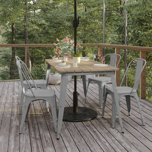 English Elm Declan Commercial Indoor/Outdoor Dining Table with Umbrella Hole - Durable, Stylish, Easy Care Design Brown Top/Silver Frame 30" x 60" JJ-T146120-BRSL-GG