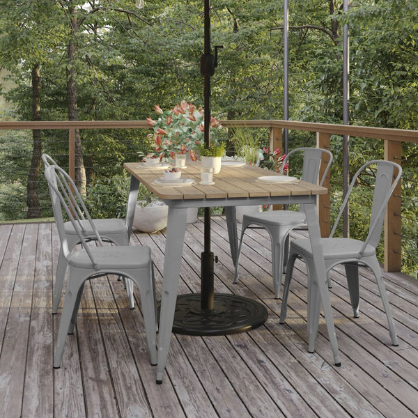 English Elm Declan Commercial Indoor/Outdoor Dining Table with Umbrella Hole - Durable, Stylish, Easy Care Design Brown Top/Silver Frame 30" x 60" JJ-T146120-BRSL-GG