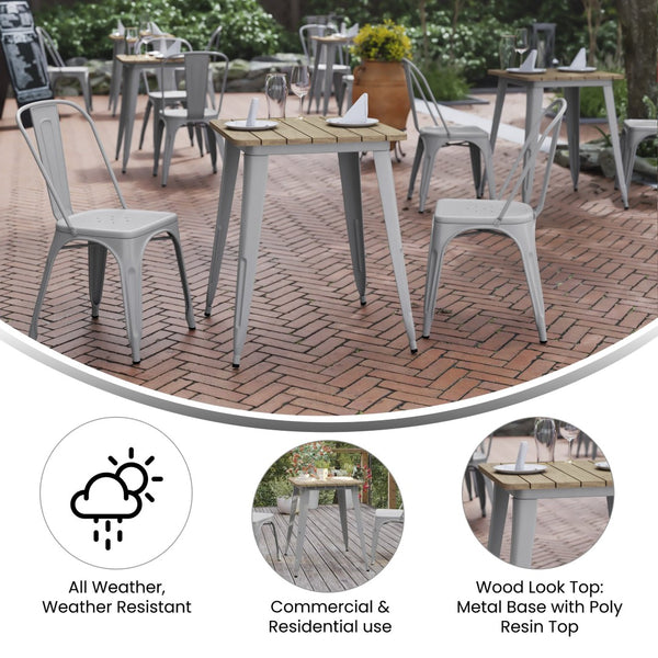 English Elm Declan Commercial-Grade Indoor/Outdoor Dining Table - Stylish, Durable, and Perfect for Small Spaces Brown Top/Silver Frame 23.75" Square JJ-T14619-60-BRSL-GG